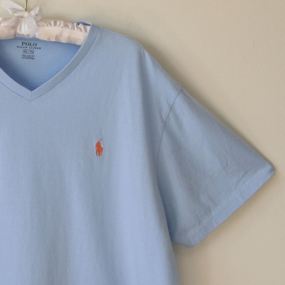 Polo V-Neck Tee - Lt Blue w/ Orange Pony